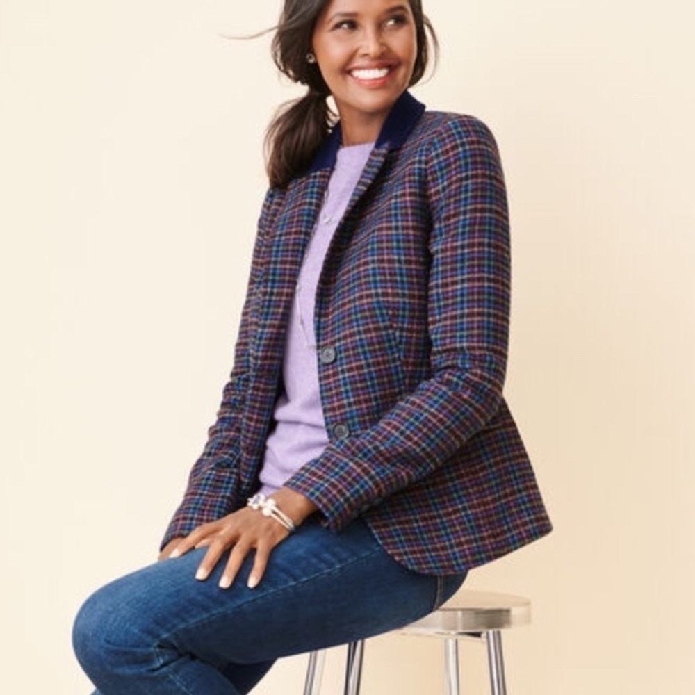 Talbots Womens Mistletoe Plaid Sheltand Wool Blazer Jacket Velvet Collar Size 12